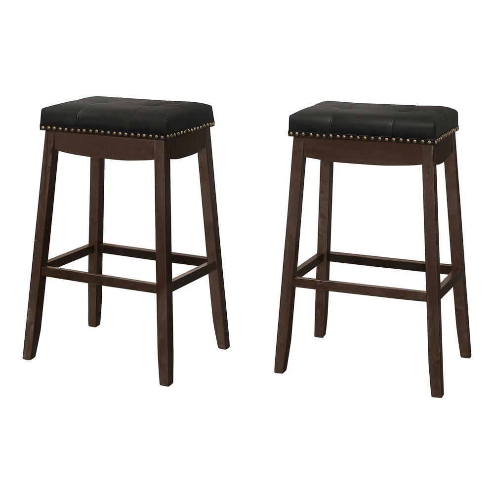 Bar Stool, Set Of 2, Bar Height, Saddle Seat, Brown Wood, Black Leather Look. Picture 1