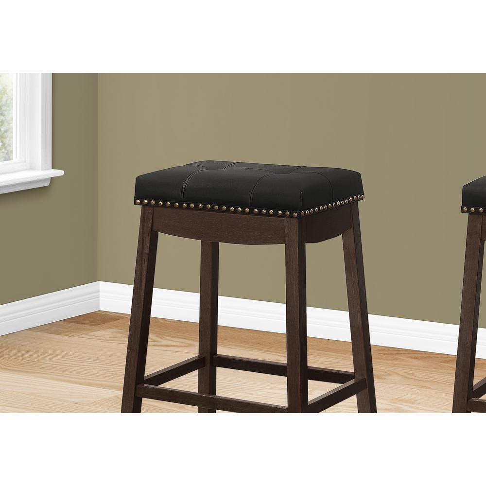 Bar Stool, Set Of 2, Bar Height, Saddle Seat, Brown Wood, Black Leather Look. Picture 3