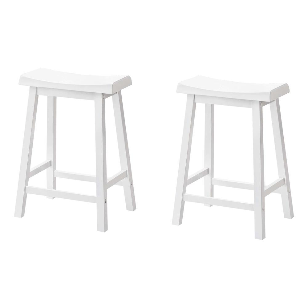 Bar Stool, Set Of 2, Counter Height, Saddle Seat, Kitchen, White Wood. Picture 1