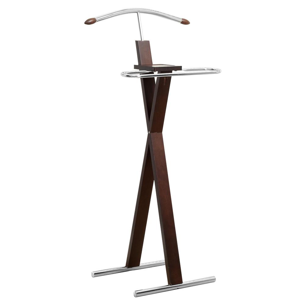 Valet Stand, Organizer, Suit Rack, Bedroom, Brown Wood, Chrome. Picture 1