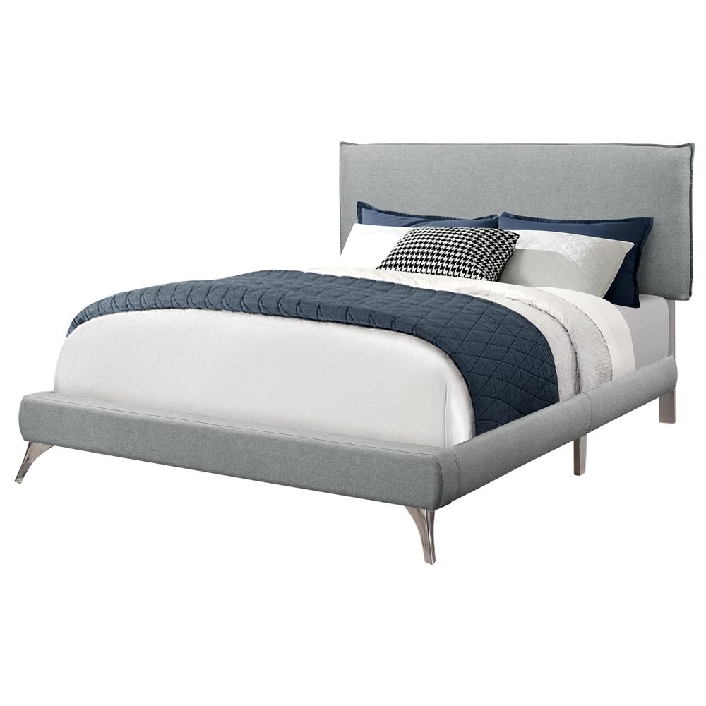 Bed, Queen Size, Bedroom, Upholstered, Grey Linen Look, Chrome. Picture 1