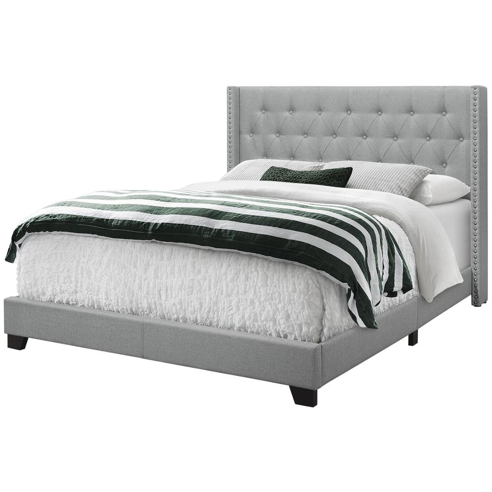Bed, Queen Size, Bedroom, Upholstered, Grey Linen Look, Chrome Trim. Picture 1