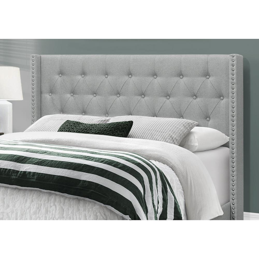 Bed, Queen Size, Bedroom, Upholstered, Grey Linen Look, Chrome Trim. Picture 3