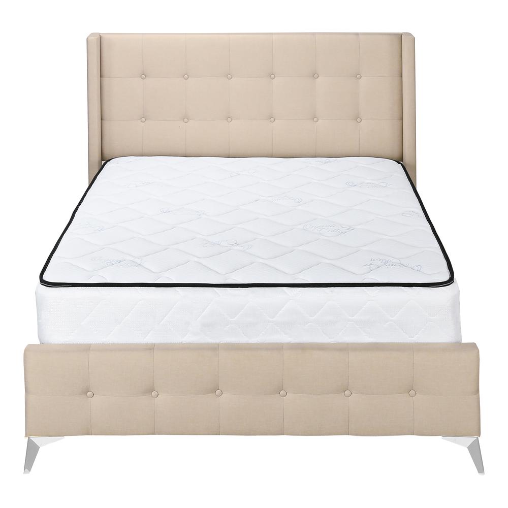 Bed, Queen Size, Bedroom, Upholstered, Beige Linen Look, Chrome Metal Legs. Picture 2