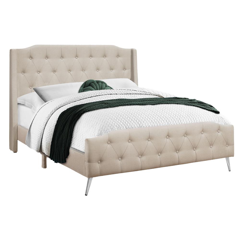 Bed, Queen Size, Bedroom, Upholstered, Beige Linen Look, Chrome. Picture 1