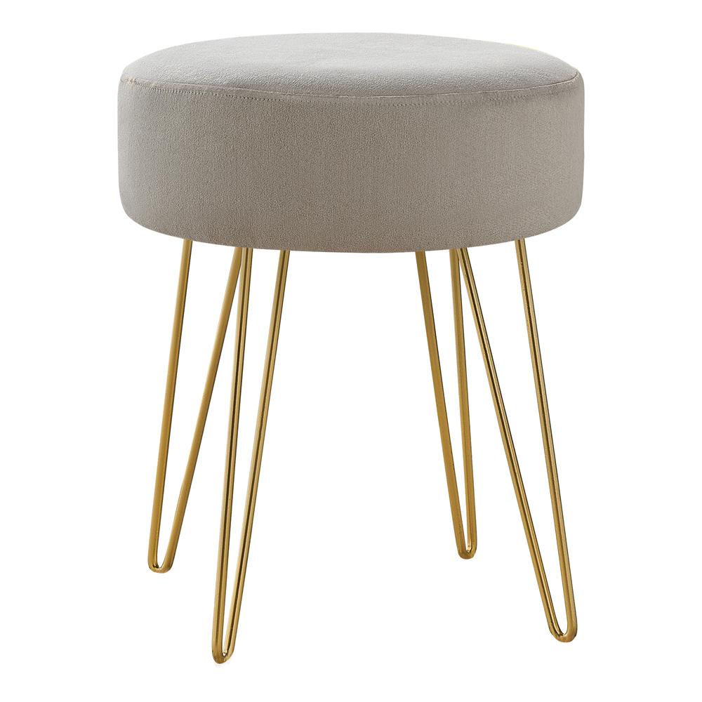 Ottoman, Pouf, Footrest, Foot Stool, 14 Round, Beige Fabric, Gold. Picture 1