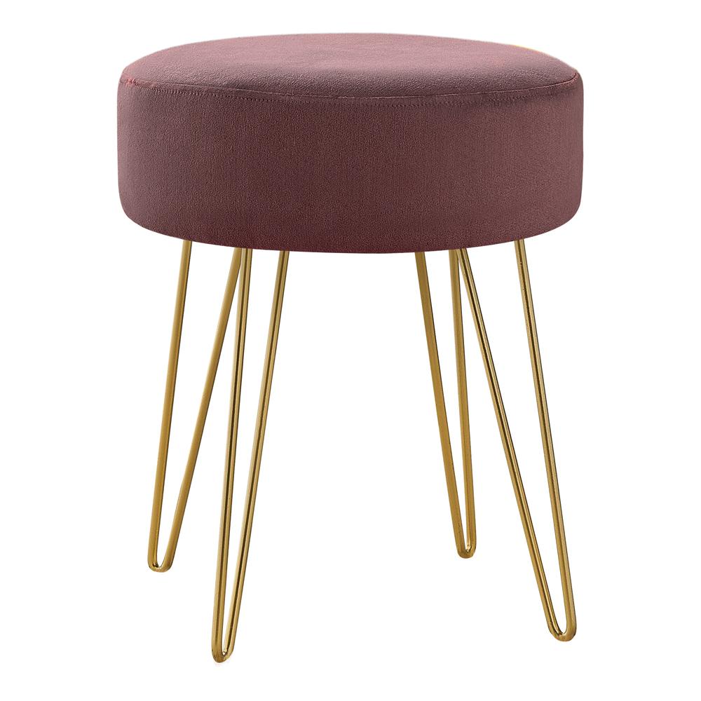 Ottoman, Pouf, Footrest, Foot Stool, 14 Round, Pink Fabric, Gold. Picture 1