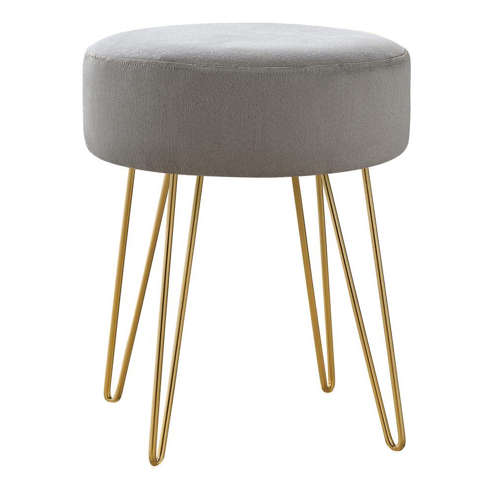 Ottoman, Pouf, Footrest, Foot Stool, 14 Round, Grey Fabric, Gold. Picture 1