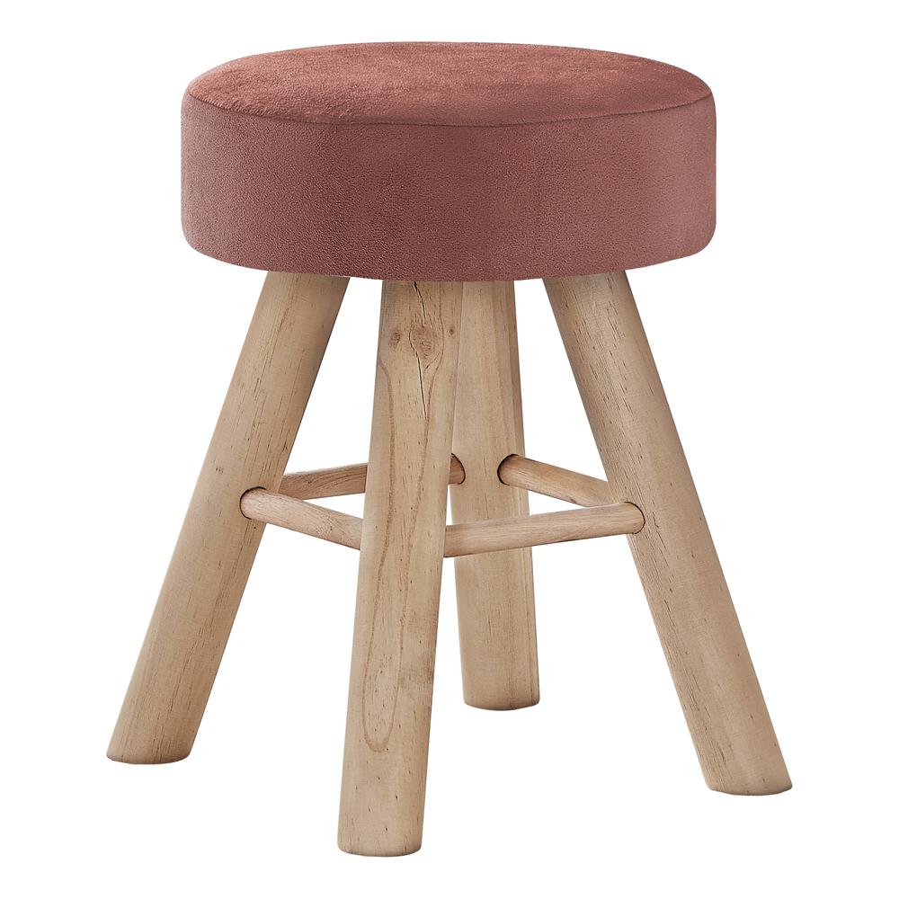 Ottoman, Pouf, Footrest, Foot Stool, 12 Round, Pink Velvet, Natural Wood Legs. Picture 1