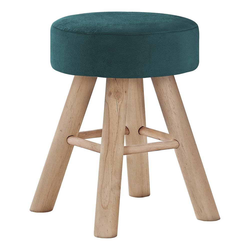 Ottoman, Pouf, Footrest, Foot Stool, 12 Round, Green Velvet, Natural Wood Legs. Picture 1