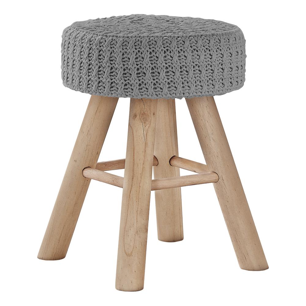 Ottoman, Pouf, Footrest, Foot Stool, 12 Round, Grey Velvet, Natural Wood Legs. Picture 1