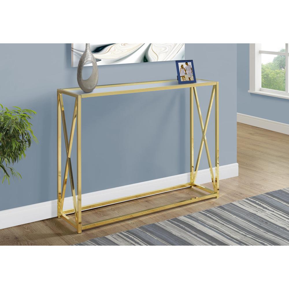 ACCENT TABLE - 42"L / GOLD METAL WITH TEMPERED GLASS. Picture 2