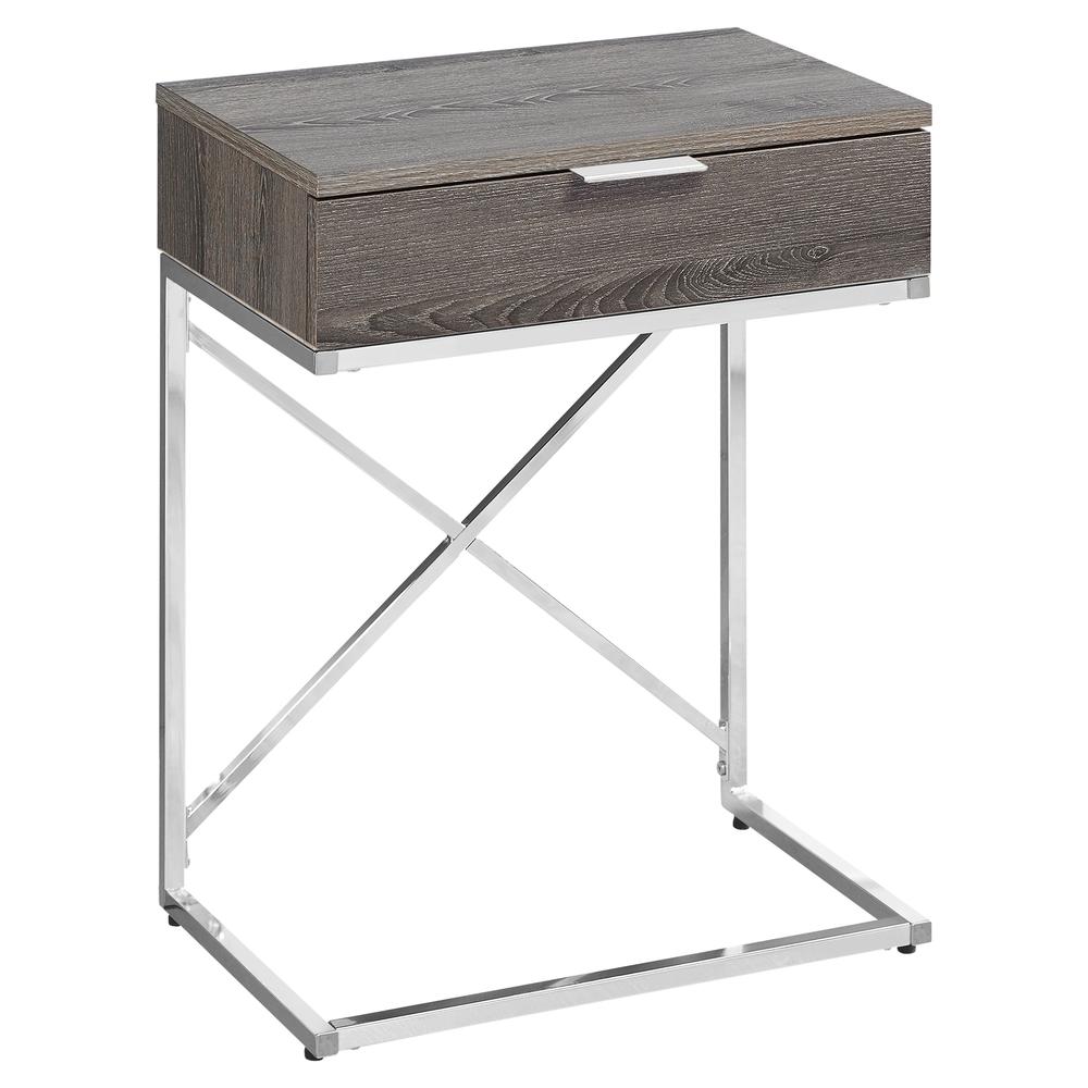 ACCENT END TABLE - 24"H / DARK TAUPE / CHROME METAL WITH DRAWER. Picture 1