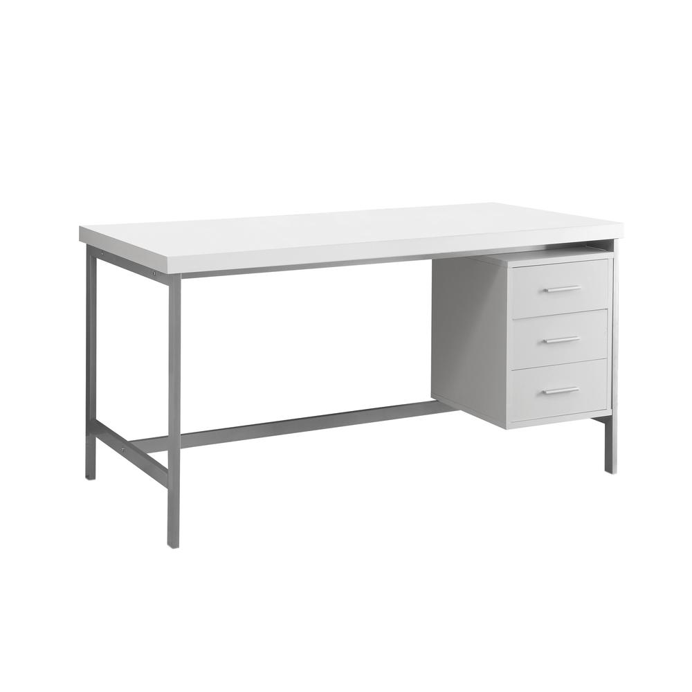 COMPUTER DESK - 60"L / WHITE / SILVER METAL WITH 3 DRAWERS. The main picture.
