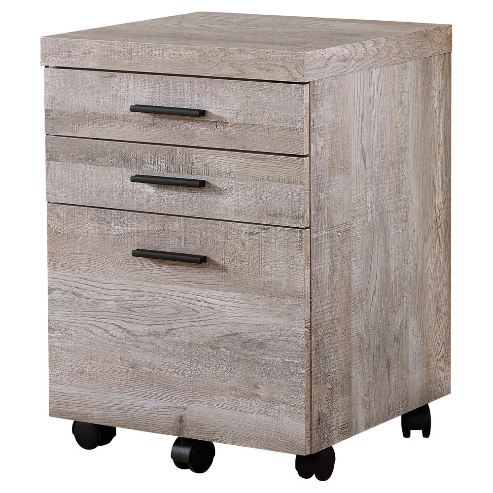 FILING CABINET - 3 DRAWER / TAUPE RECLAIMED WOOD/ CASTORS. Picture 1
