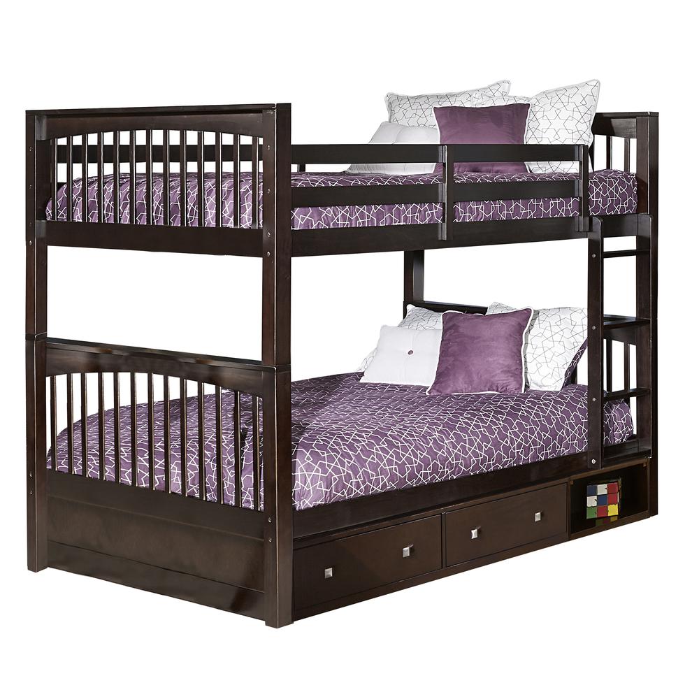 Wood Full Over Full Bunk Bed with Storage, Chocolate. Picture 1