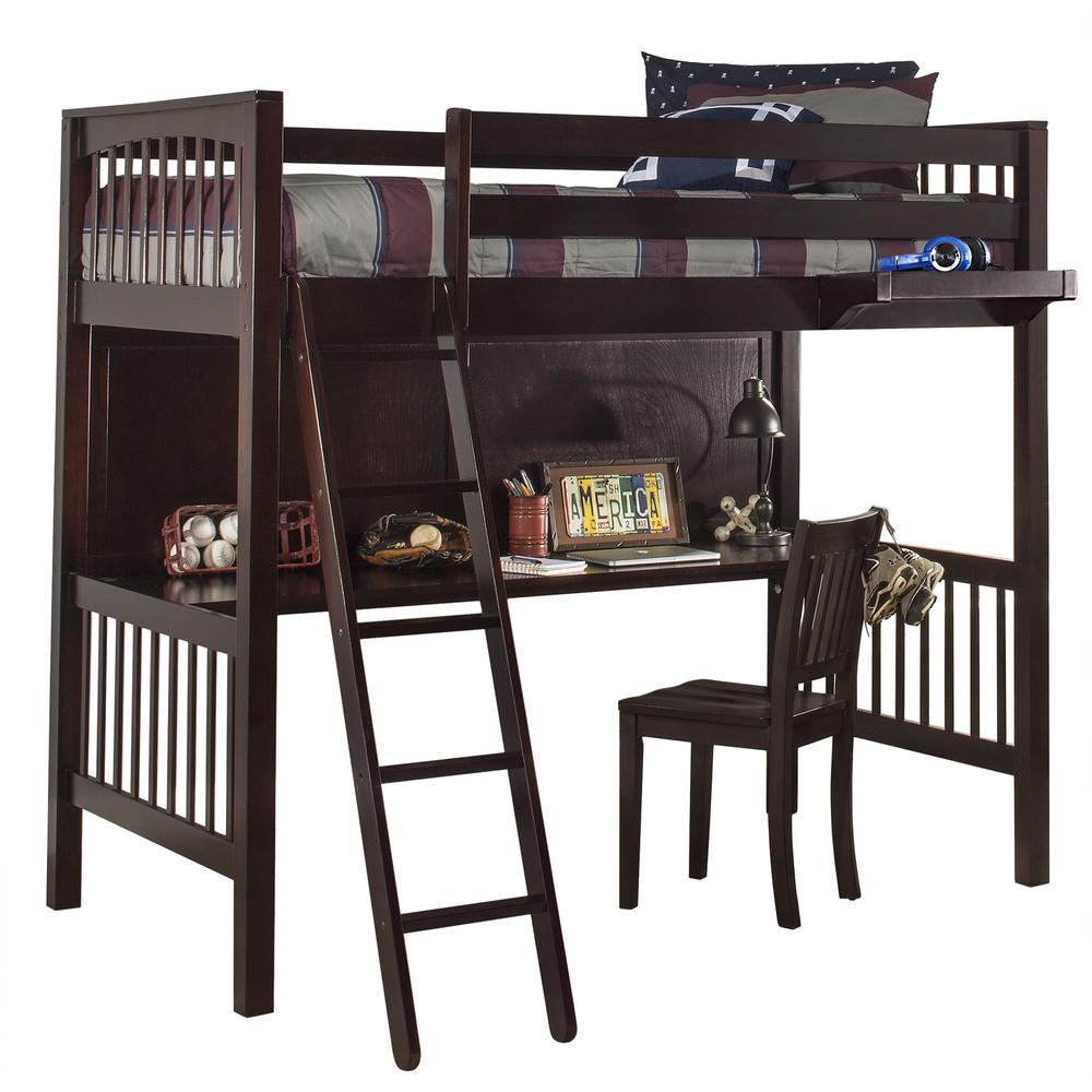 Pulse Loft Bed with Chair and Hanging Nightstand - Twin - Chocolate Finish. Picture 1