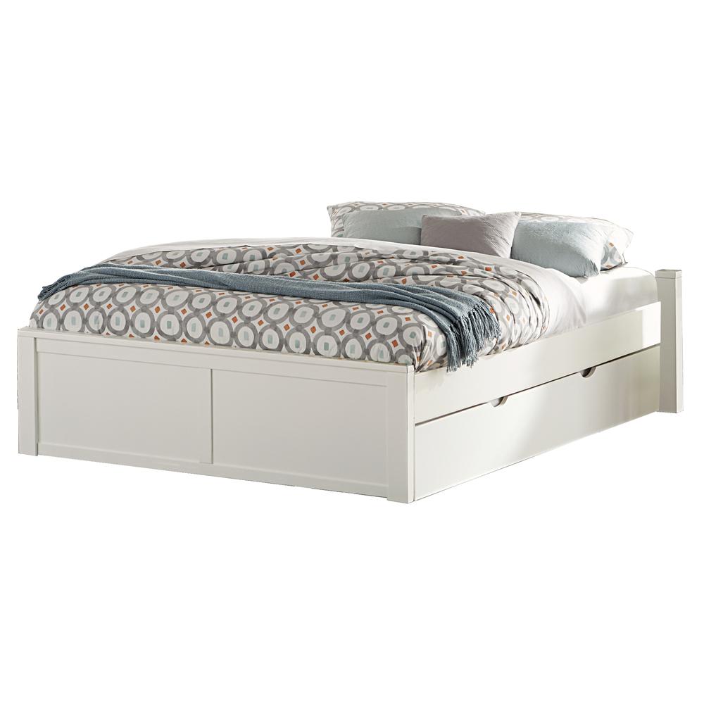 Wood Full Platform Bed with Trundle, White. Picture 1