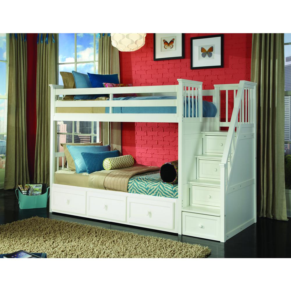 Schoolhouse Wood Stair Bed Bunk with Trundle, White. Picture 1