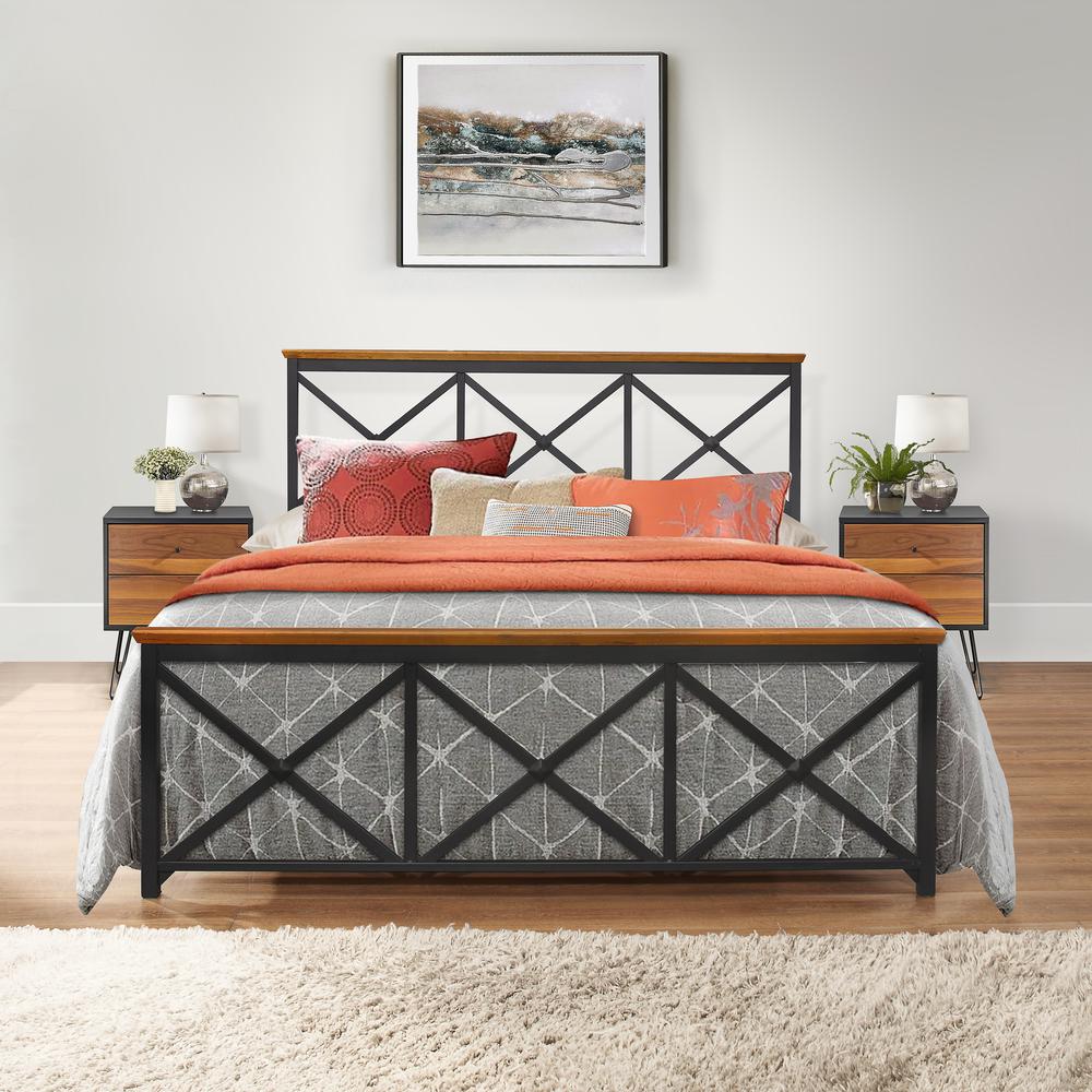 Metal Queen Bed with Wood Posts, Textured Black with Oak Finished Wood. Picture 3