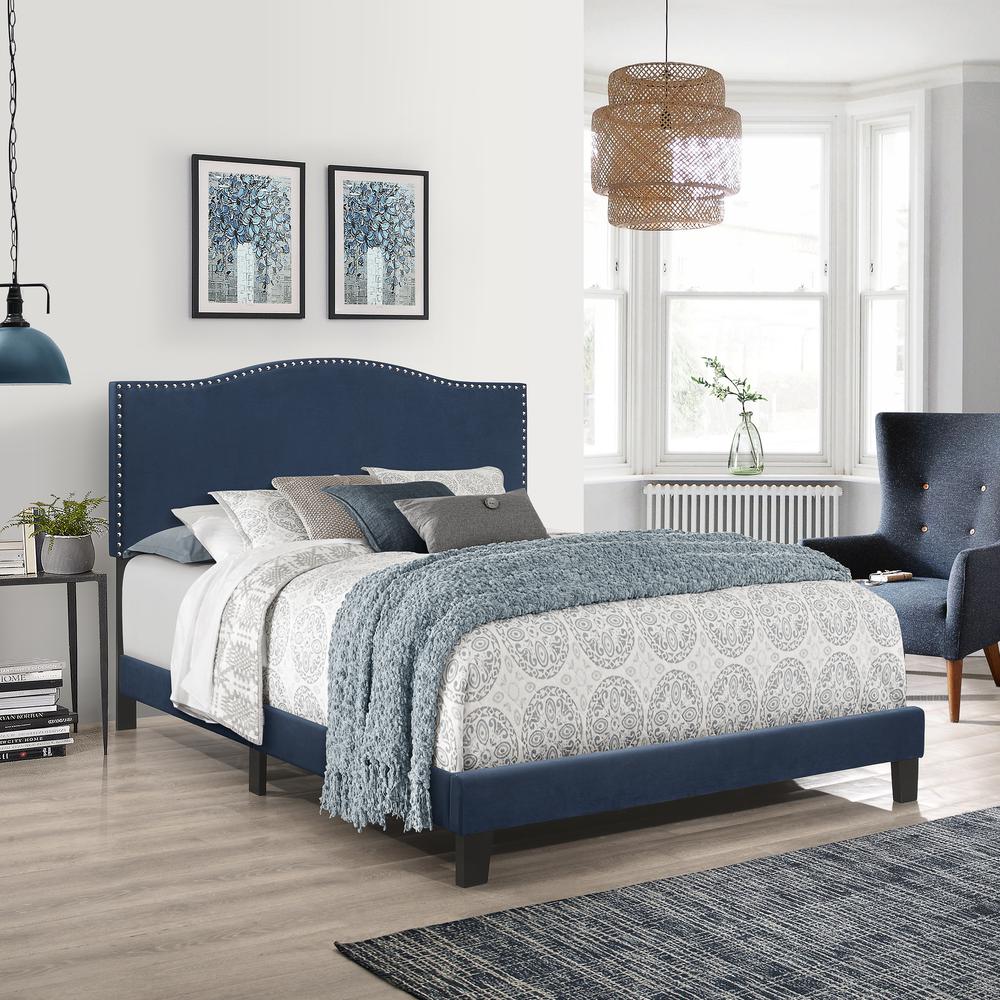Kiley Queen Upholstered Bed, Blue Velvet. Picture 2
