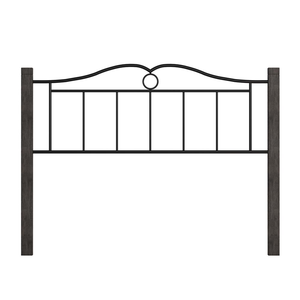 Metal Full Headboard with Double Arched Scroll Design and Wood Posts, Textured Black and Brushed Charcoal. Picture 3