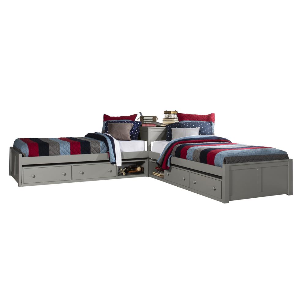 Wood Twin L-Shaped Bed with 2 Storage Units, Gray. Picture 1