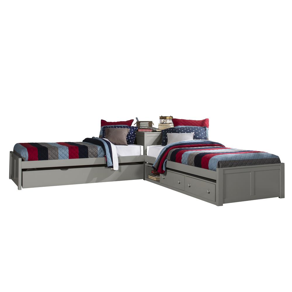 Wood Twin L-Shaped Bed with Storage and Trundle, Gray. Picture 1