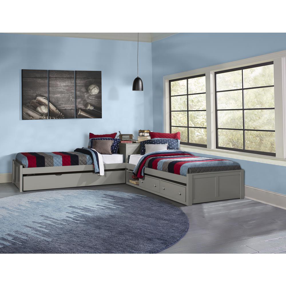 Wood Twin L-Shaped Bed with Storage and Trundle, Gray. Picture 2