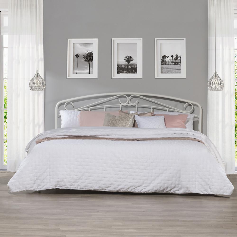 Jolie Metal King Headboard with Arched Scroll Design, White. Picture 1