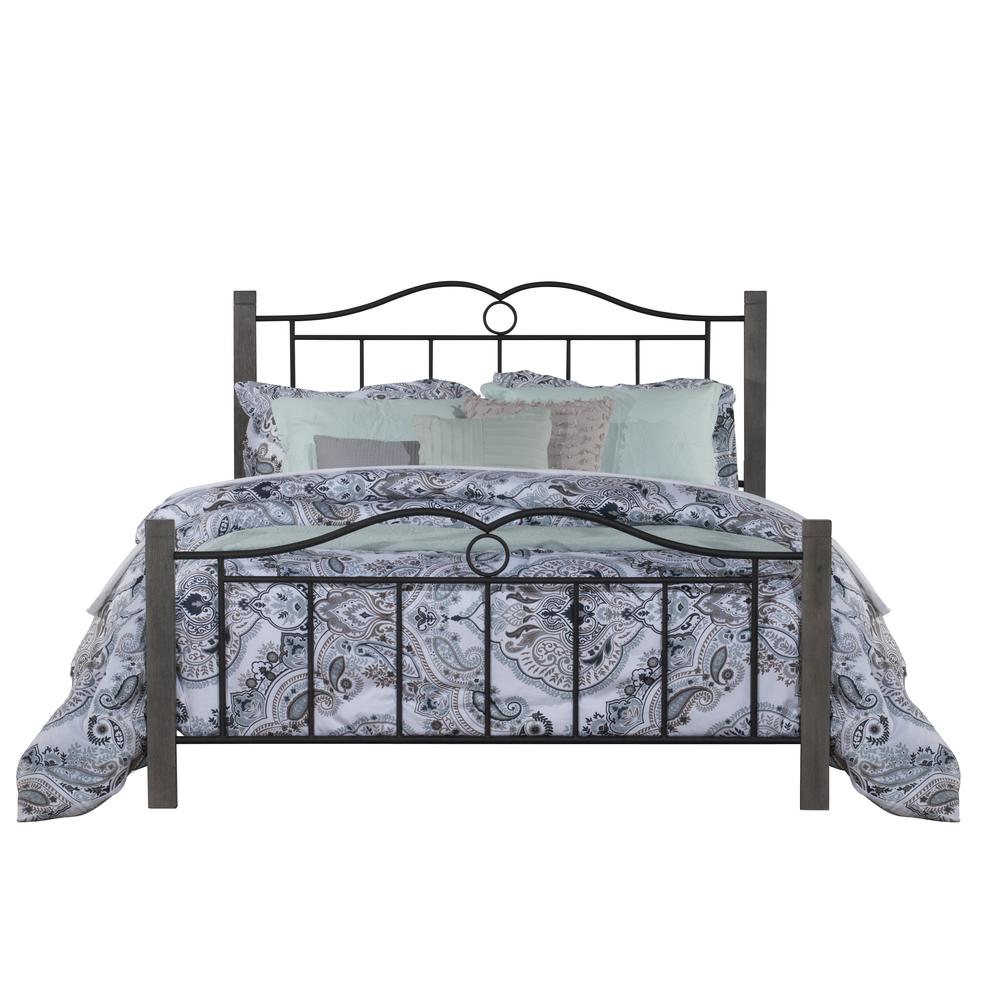 Metal Queen Bed with Double Arched Scroll Design and Wood Posts, Textured Black and Brushed Charcoal. Picture 1