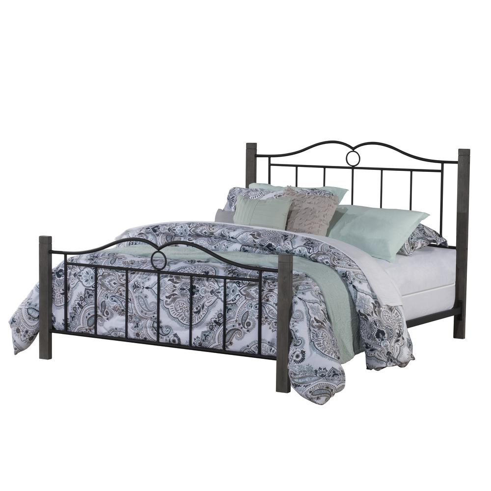 Metal Queen Bed with Double Arched Scroll Design and Wood Posts, Textured Black and Brushed Charcoal. Picture 2