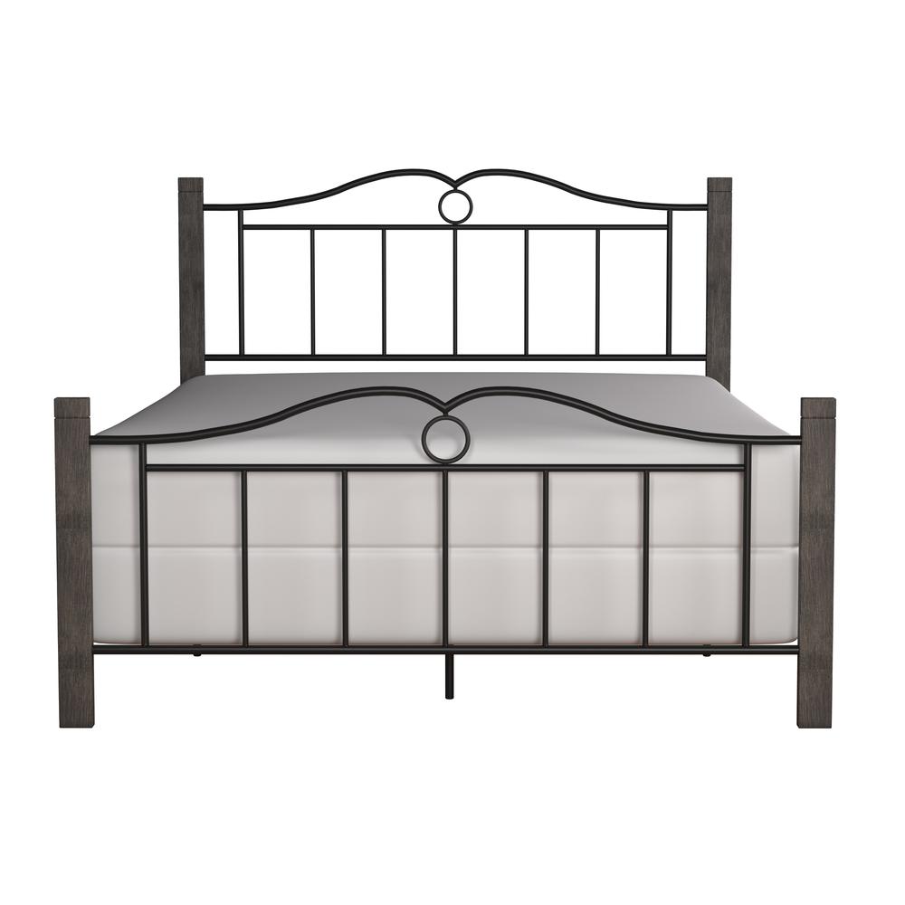 Metal Queen Bed with Double Arched Scroll Design and Wood Posts, Textured Black and Brushed Charcoal. Picture 4