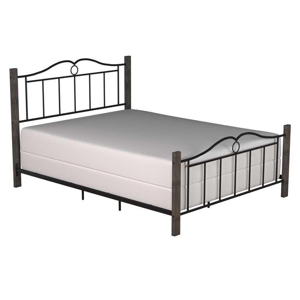 Metal Queen Bed with Double Arched Scroll Design and Wood Posts, Textured Black and Brushed Charcoal. Picture 5