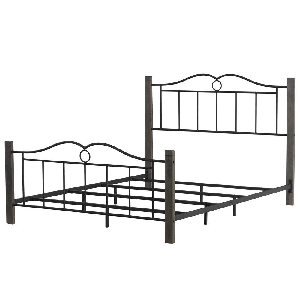 Metal Queen Bed with Double Arched Scroll Design and Wood Posts, Textured Black and Brushed Charcoal. Picture 8