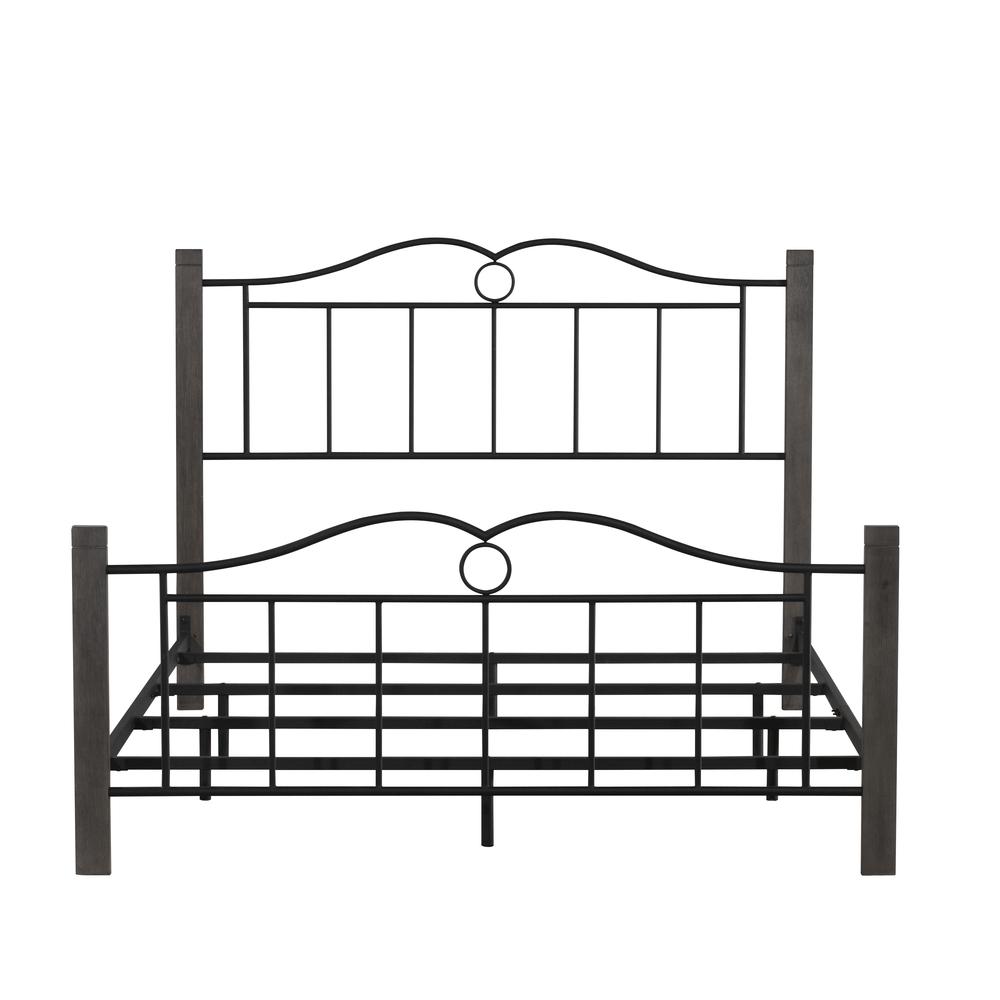 Metal Queen Bed with Double Arched Scroll Design and Wood Posts, Textured Black and Brushed Charcoal. Picture 9