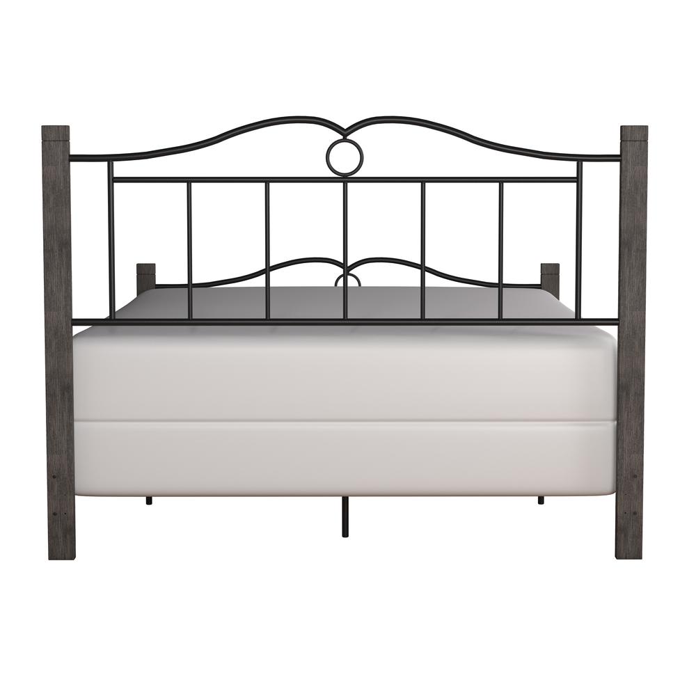 Metal Queen Bed with Double Arched Scroll Design and Wood Posts, Textured Black and Brushed Charcoal. Picture 10
