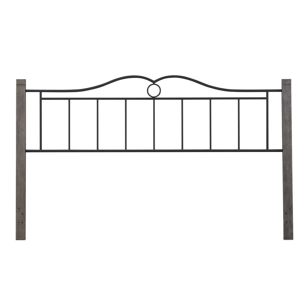 Metal King Headboard with Double Arched Scroll Design and Wood Posts, Textured Black and Brushed Charcoal. Picture 1