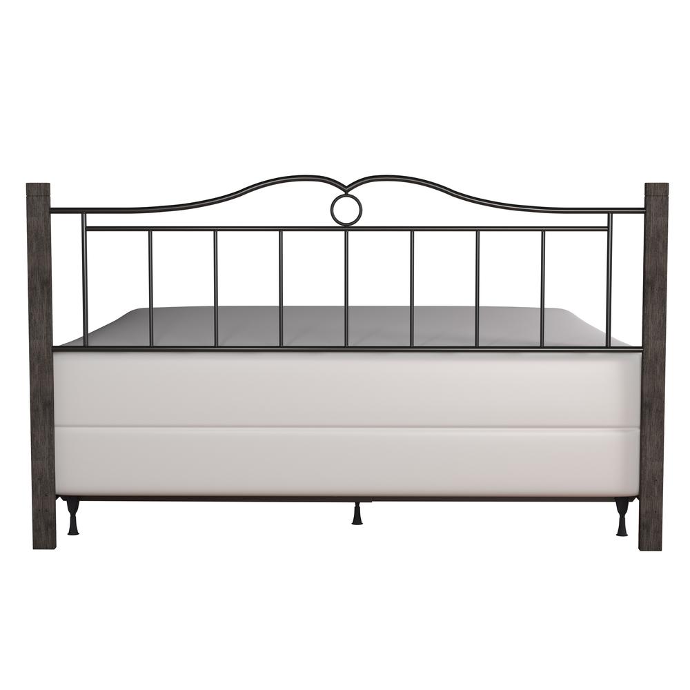 Metal King Headboard with Double Arched Scroll Design and Wood Posts with Frame, Textured Black and Brushed Charcoal. Picture 8