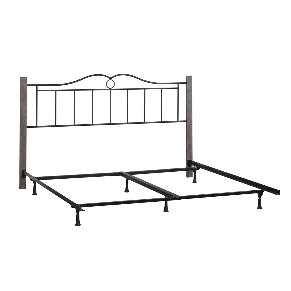 Metal King Headboard with Double Arched Scroll Design and Wood Posts with Frame, Textured Black and Brushed Charcoal. Picture 15
