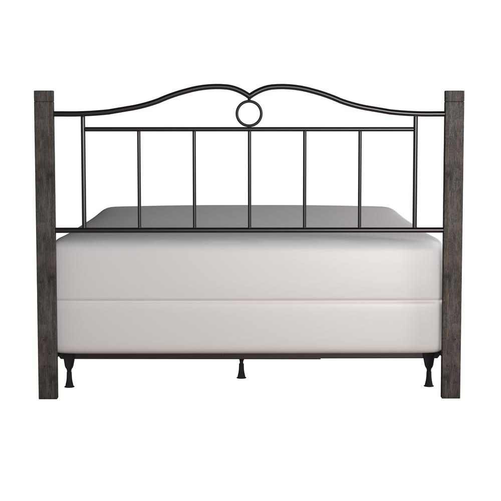 Metal Queen Headboard with Double Arched Scroll Design and Wood Posts with Frame, Textured Black and Brushed Charcoal. Picture 9