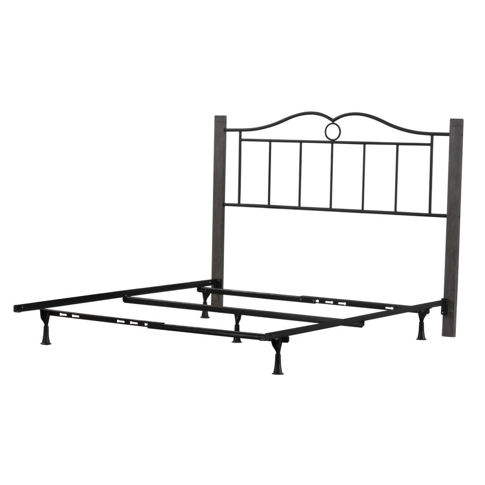 Metal Queen Headboard with Double Arched Scroll Design and Wood Posts with Frame, Textured Black and Brushed Charcoal. Picture 10