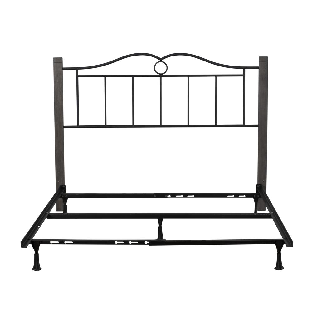 Metal Queen Headboard with Double Arched Scroll Design and Wood Posts with Frame, Textured Black and Brushed Charcoal. Picture 12