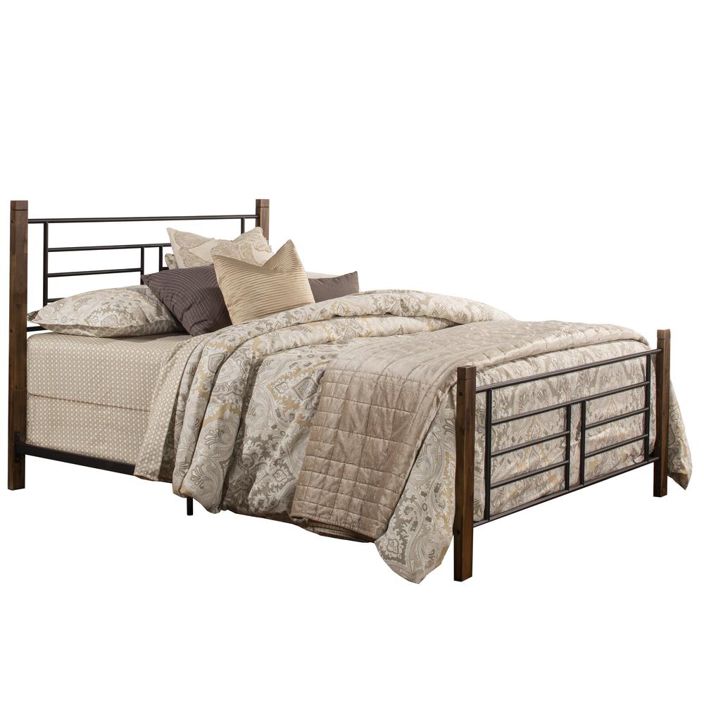 Metal Queen Bed with Horizontal and Vertical Design with Wood Posts, Textured Black and Weathered Dark Brown Wood. Picture 1
