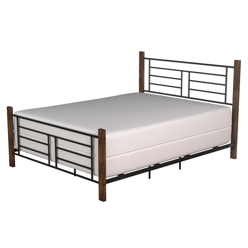 Metal Queen Bed with Horizontal and Vertical Design with Wood Posts, Textured Black and Weathered Dark Brown Wood. Picture 6