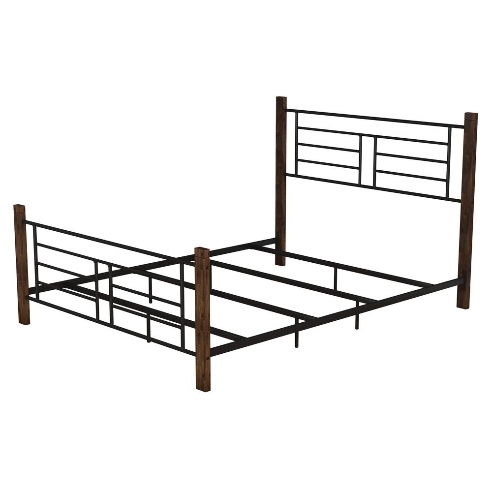 Metal Queen Bed with Horizontal and Vertical Design with Wood Posts, Textured Black and Weathered Dark Brown Wood. Picture 7