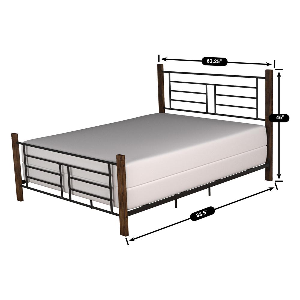 Metal Queen Bed with Horizontal and Vertical Design with Wood Posts, Textured Black and Weathered Dark Brown Wood. Picture 8