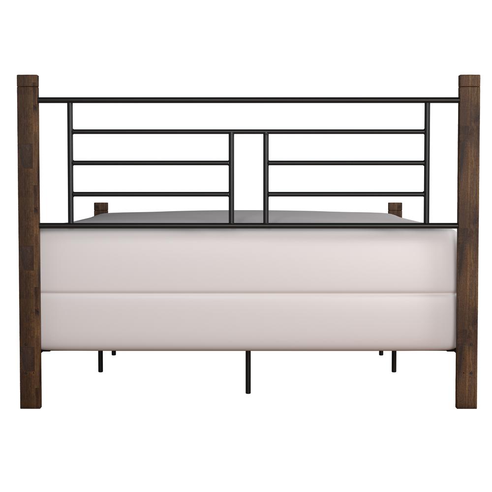 Metal Queen Bed with Horizontal and Vertical Design with Wood Posts, Textured Black and Weathered Dark Brown Wood. Picture 9