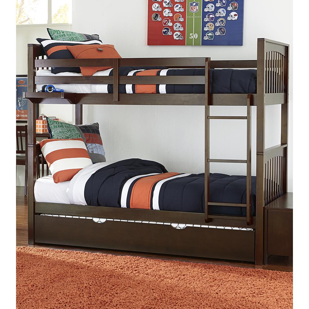 Wood Twin Over Twin Bunk Bed with Trundle, Chocolate. Picture 1