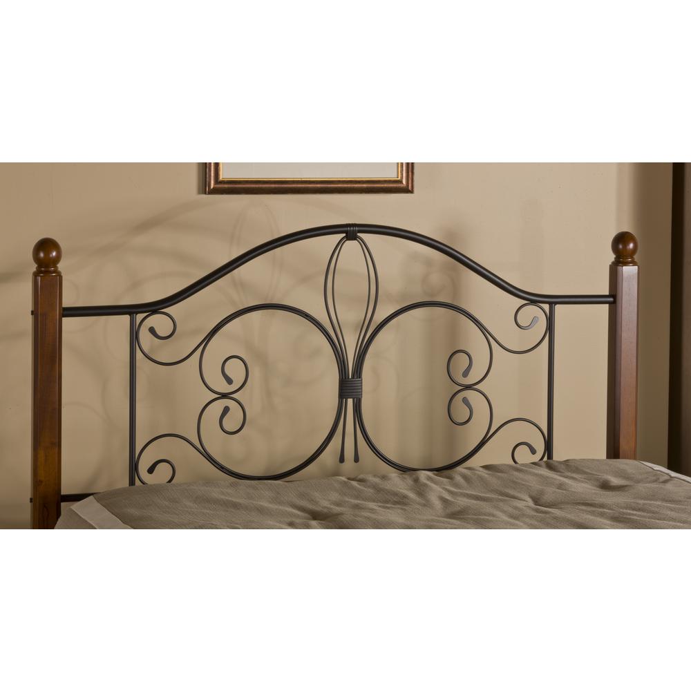Full/Queen Metal Headboard with Cherry Wood Posts, Textured Black. Picture 2